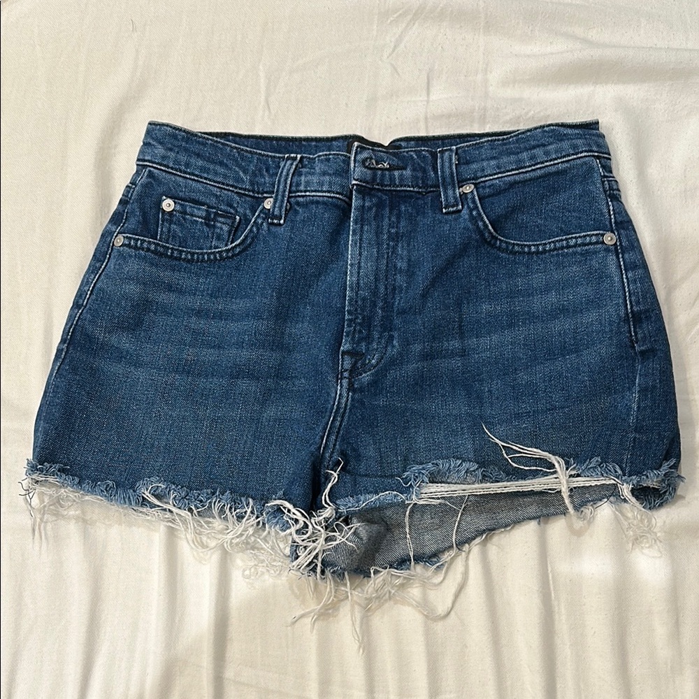 7 For All Mankind Blue Jean Shorts High-Waisted Frayed Hem